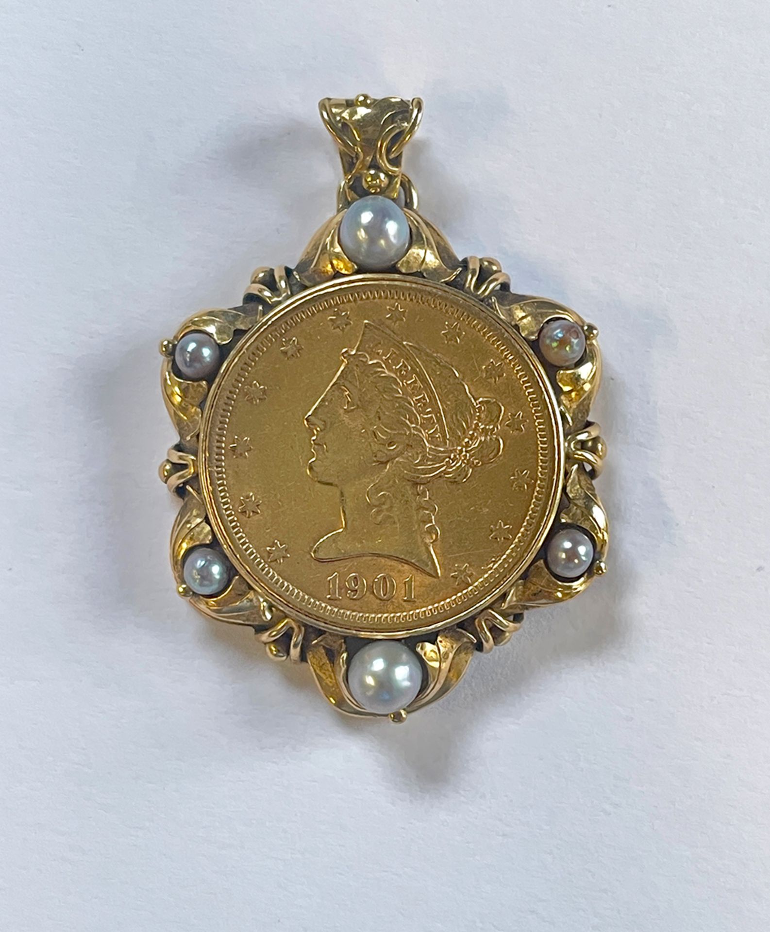 18K Gold Pendant with Gold Coin $ 5 Liberty Head 1901