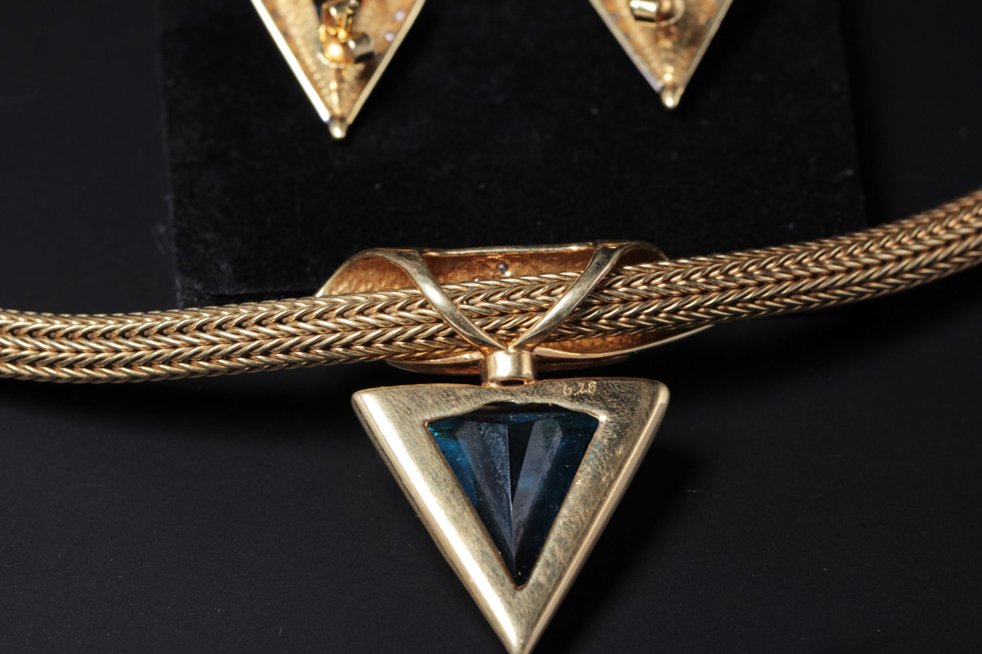 585 Gold SCHMUCK SET: Kette, Anhänger, Ohrringe, Ring mit Blautopas + Diamanten - Bild 4 aus 5