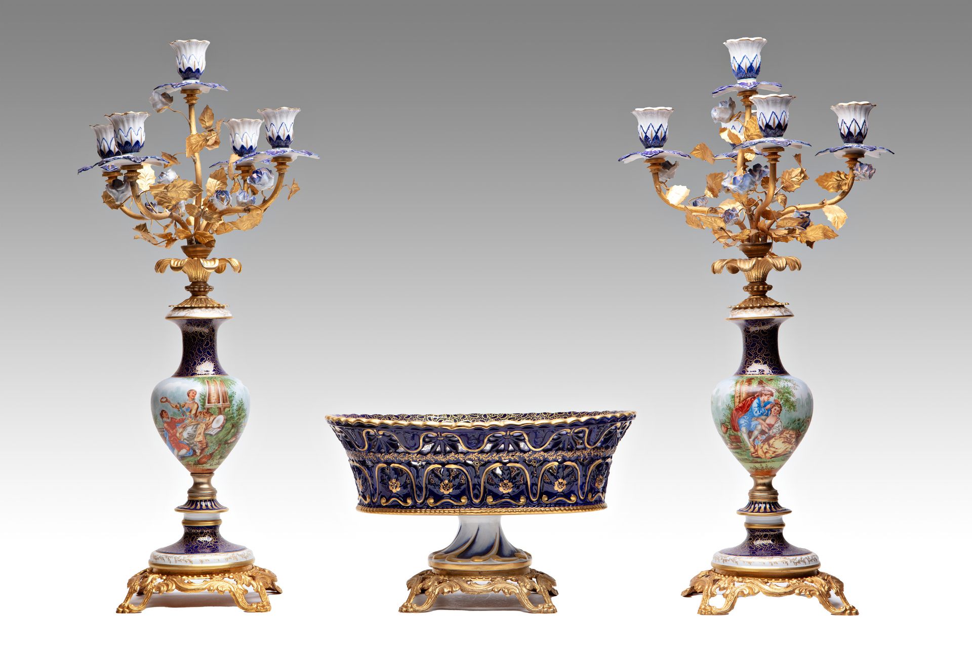 PAIR OF SEVRES-STYLE CANDLESTICKS AND PLANTERS | (Italy  - 2nd half of the 20th century)