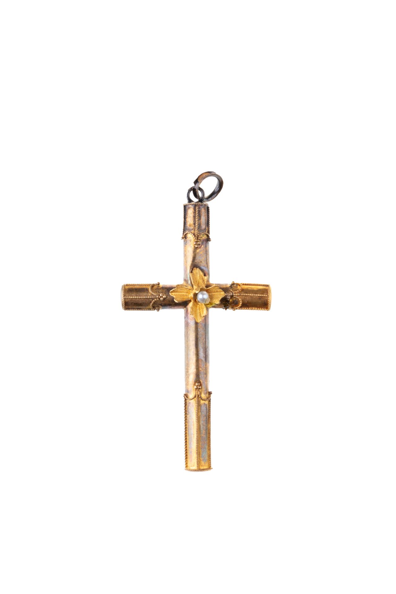 GOLDEN BIEDERMEIER CROSS WITH PEARL | (Central European - 19th century)