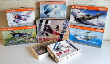Seven boxed Eduard aircraft model kits, #11137 Albatros DV, #8262 BF 109E-3, # Bf 109G-10, #8187