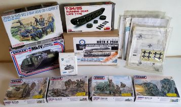 Nine boxed model kits; Royal Air Force Hendon #K2568 Tiger, Emhar #EM4002 Female Heavy Tank, #3501