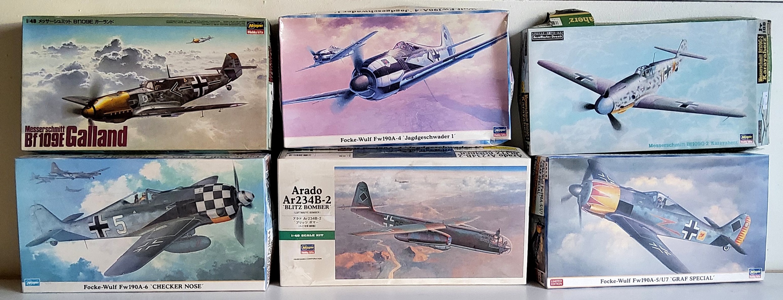 Six boxed Hasegawa Luftwaffe aircraft kits, no09745 Focke-Wulf Fw190A-4, no09976 Focke-Wulf Fw190A-