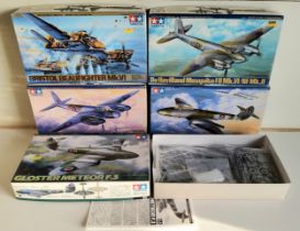 Five Boxed Tamiya Aircraft Model Kits; no75 1/48 scale De Havilland Mosquito, no51 GLoster Meteor