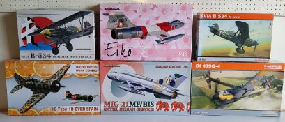 Six boxed aircraft model kits; #11130 Eduard model Eiko, #82117 Bf109G-4, #8192 Avia B.534, #1171