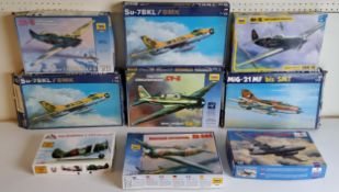Nine boxed USSR aircraft model kits; #4803 Zveda 1/48 Cy-2, #4817 RK-1b, #4801, OEZ MiG-21, etc(