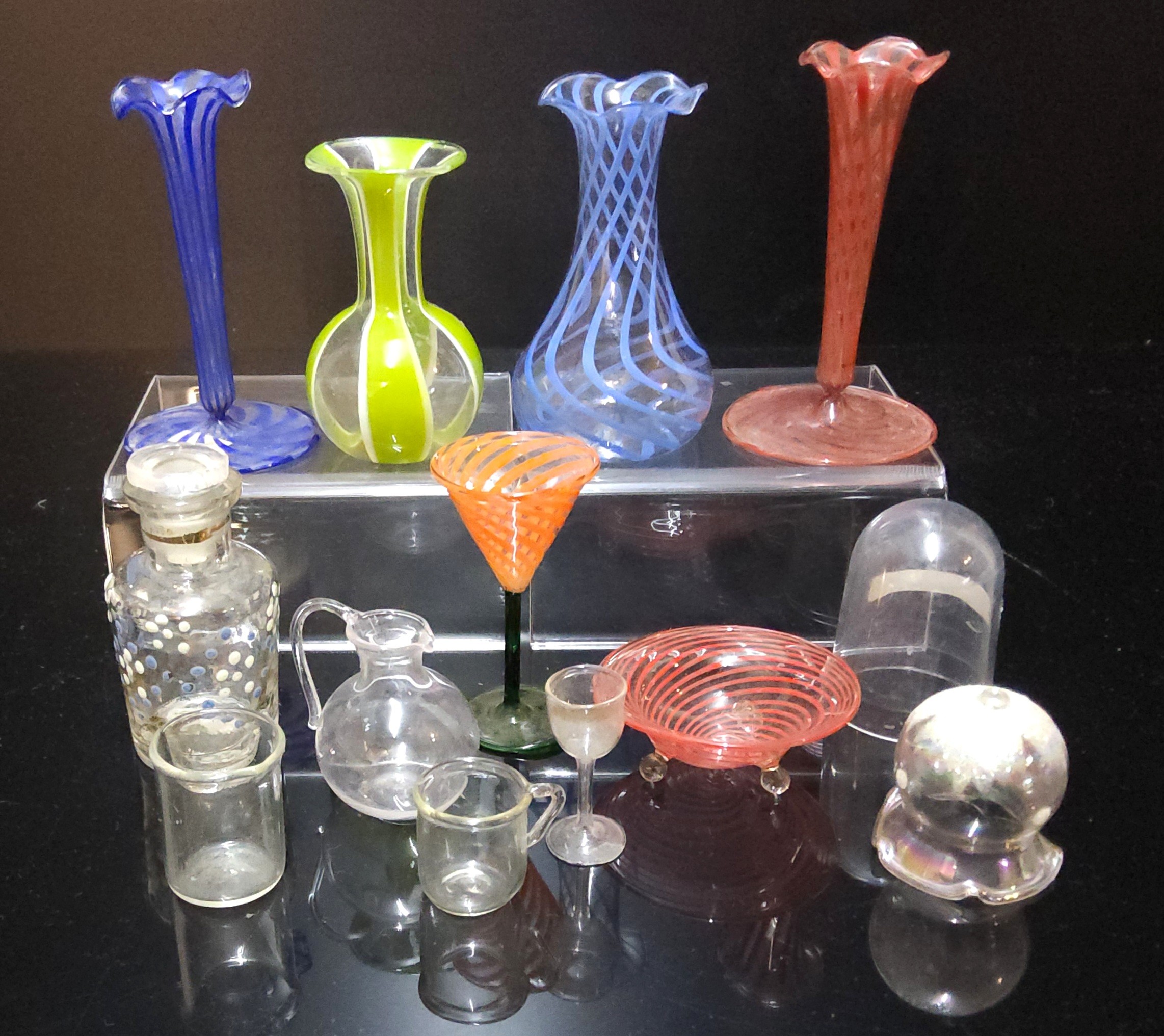 Dolls House Accessories - Victorian and later glassware, including Venetian glass vases, water jug,