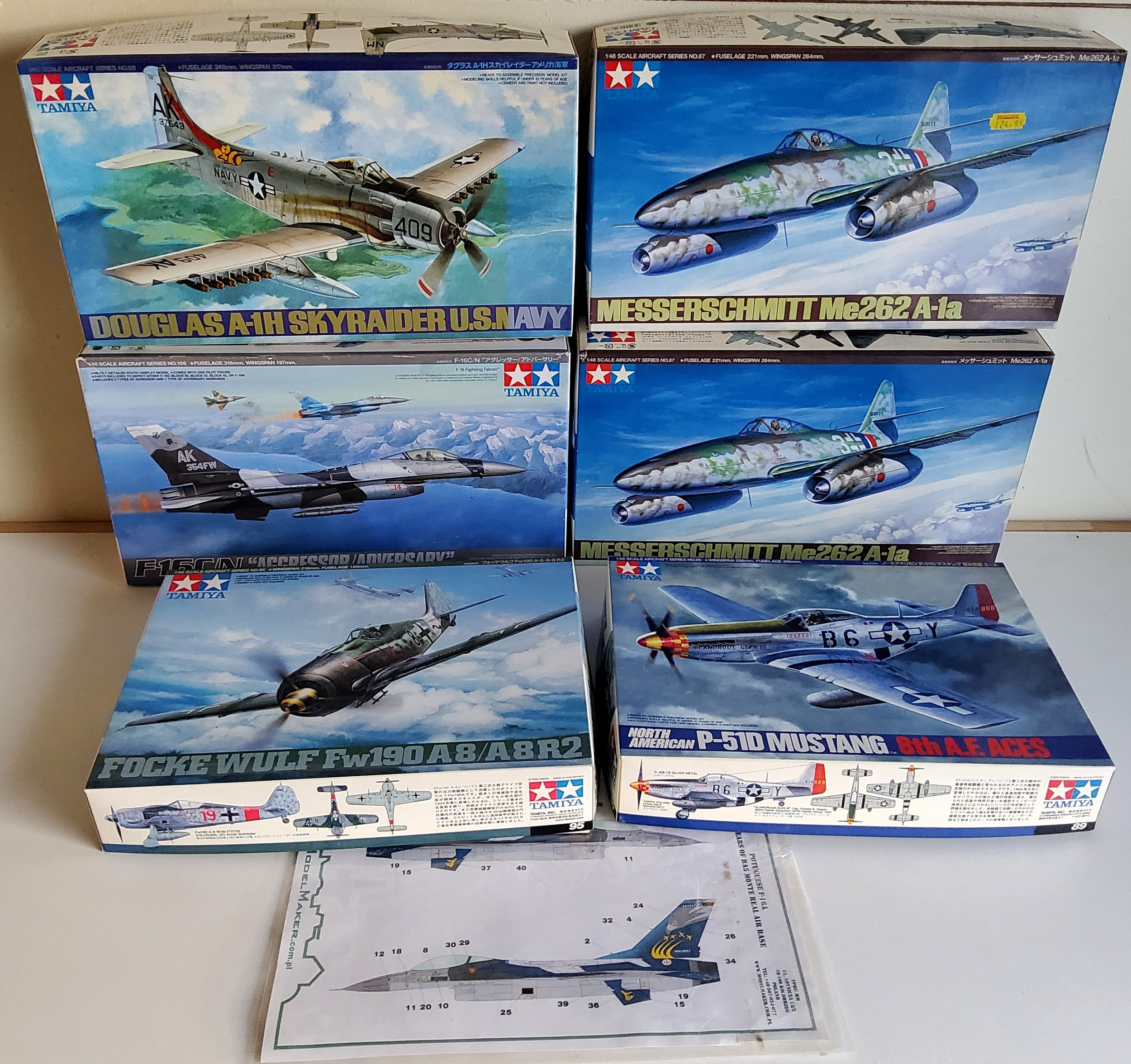 Six boxed Tamiya 1/48 scale aircraft kits; 2x no 87 Messerschmitt Me262 A-1a, no95 Focke Wulf