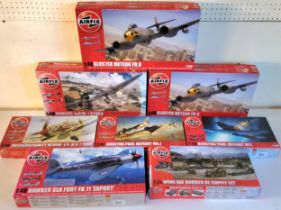 Eight boxed Airfix aircraft model kits; A07114 Junkers Ju87b, #A09188 Gloster Meteor, #A05122