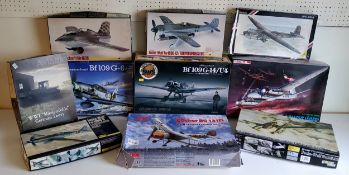 Ten boxed Luftwaffe aircraft model kits; Zoukei-Mura Bf109, Great Wall Hobby FockeWulf, #04665