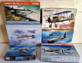 Six boxed Eduardo model aircraft kits; #1101X MIG-21, #8281 Spitfire Mk.1X, #1145 Gladiator, #