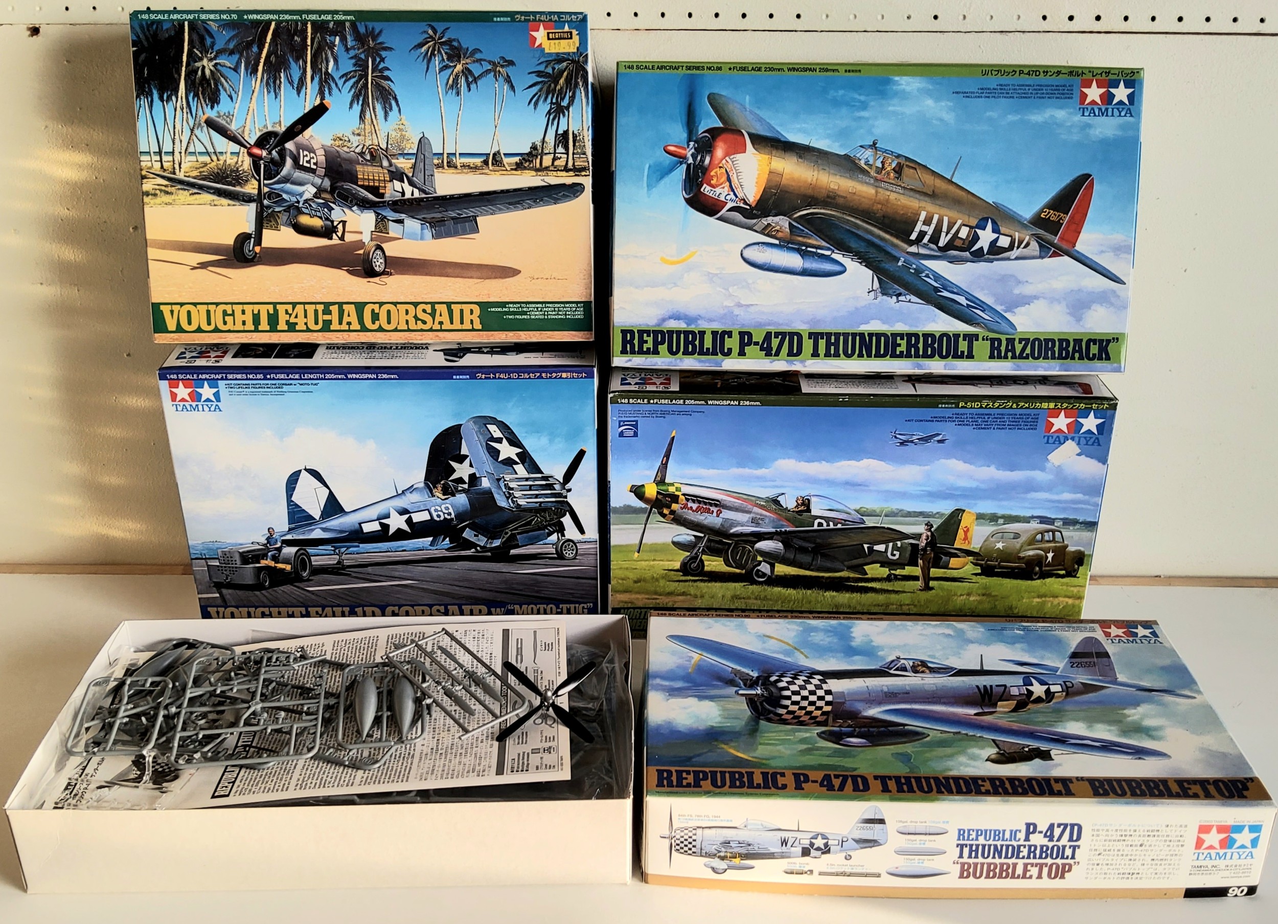 Five Boxed 1/48th Scale Tamiya U.S.A Air Force Aircraft Kits; No85 Vought F4U-1D Corsair, 70 No85