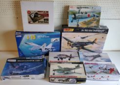 Nine boxed German and Japanese aircraft model kits; #K48065 J-15, Pro Modeler #85-5944 Ju52, #85-