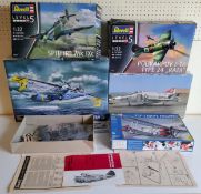 Five boxed Revell aircraft model kits, #03927 Supermarine Spitfire, #03914 Polikarpov, #4787 F3F-3