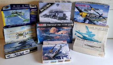 Ten boxed German Luftwaffe and Heer vehicle model kits; #3204 Bf109E-4, #DW35003 Faun L900, #5926