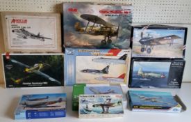 Ten boxed aircraft model kits; #32016 Hawker Hurricane, #KT Kit 007, #32040 ICM Gloster Gladiator,