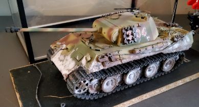 A kit built WWII German Panther Tank, with weathering, displayed in case, tank 37cm length to barrel