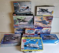 Ten boxed aircraft model kits; Monogram Heinkel He111, #5471 F-100D Super Sabre, #85-5979 Arado