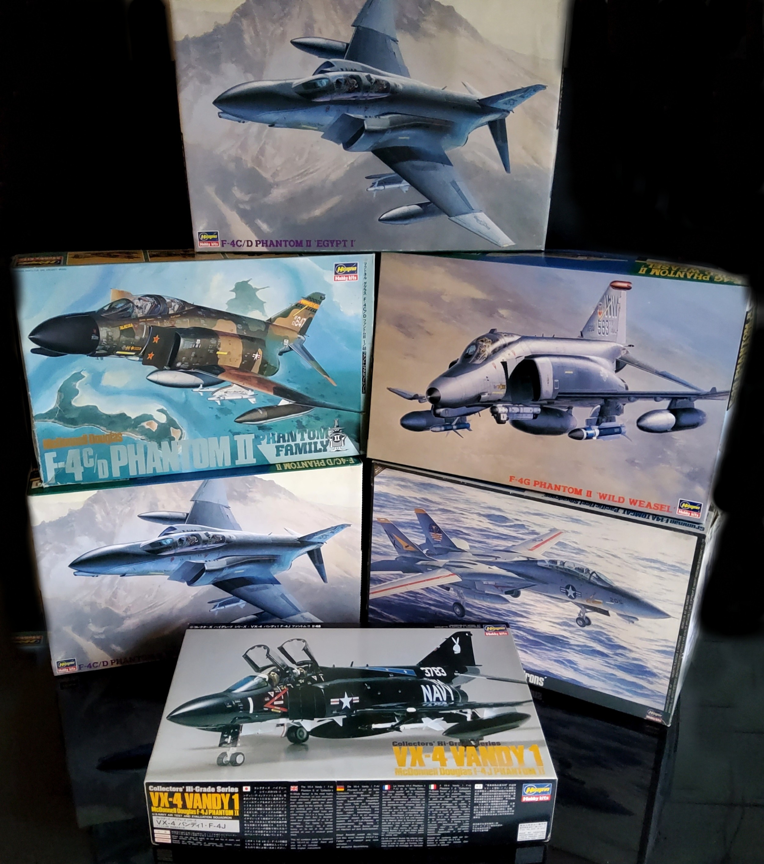 Six boxed Hasegawa 1/48 scale aircraft kits; 07211 F-4C/D Phantom II 'Egypt I' x2, F-4G Phantom