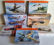 Seven boxed Eduard aircraft model kits; #1199 MiG-21, #8231 MiG-21MF, #1194 Yak-1b, #8149 Polikarpov