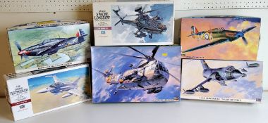 Six boxed Hasegawa aircraft model kits; 07201 SH-3H Seaking, 07223 AH-64D Apache Longbow, 09402 F-