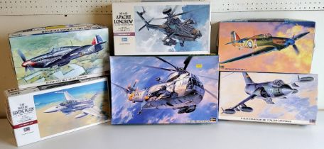 Six boxed Hasegawa aircraft model kits; 07201 SH-3H Seaking, 07223 AH-64D Apache Longbow, 09402 F-