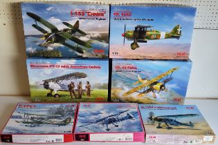 Seven ICM boxed model aircraft kits; #32023 CR.42AS, #32020 CR.42 Falxo, #48211 Hs 126A-1, #32010