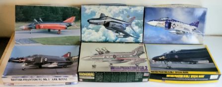 Six boxed 1/48 scale Hasegawa "Phantom" aircraft kits, 07208 F-4E Phantom II, 09376 F-4S Phantom II,