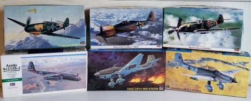 Six boxed Hasegawa 1/48 scale Luftwaffe aircraft kits; no09279 Junkers Ju87D-8 'Night Attacker',