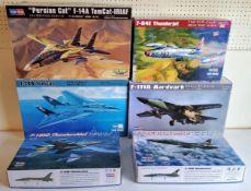 Six boxed Hobby Boss aircraft model kits; #83207 F-84E Thunderjet, #80333 F-105G Thunderchief, #