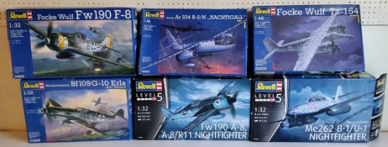Six boxed Revell Luftwaffe aircraft models; #04535 Focke Wulf Ta-154, #04995 Messerschmitt Me262, #