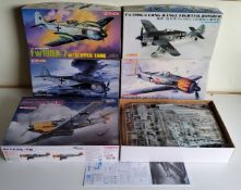 Five boxed Dragon 1/48 scale Luftwaffe aircraft kits; #3225 BF109E-4B, #5506 Fw190A-5, #5545