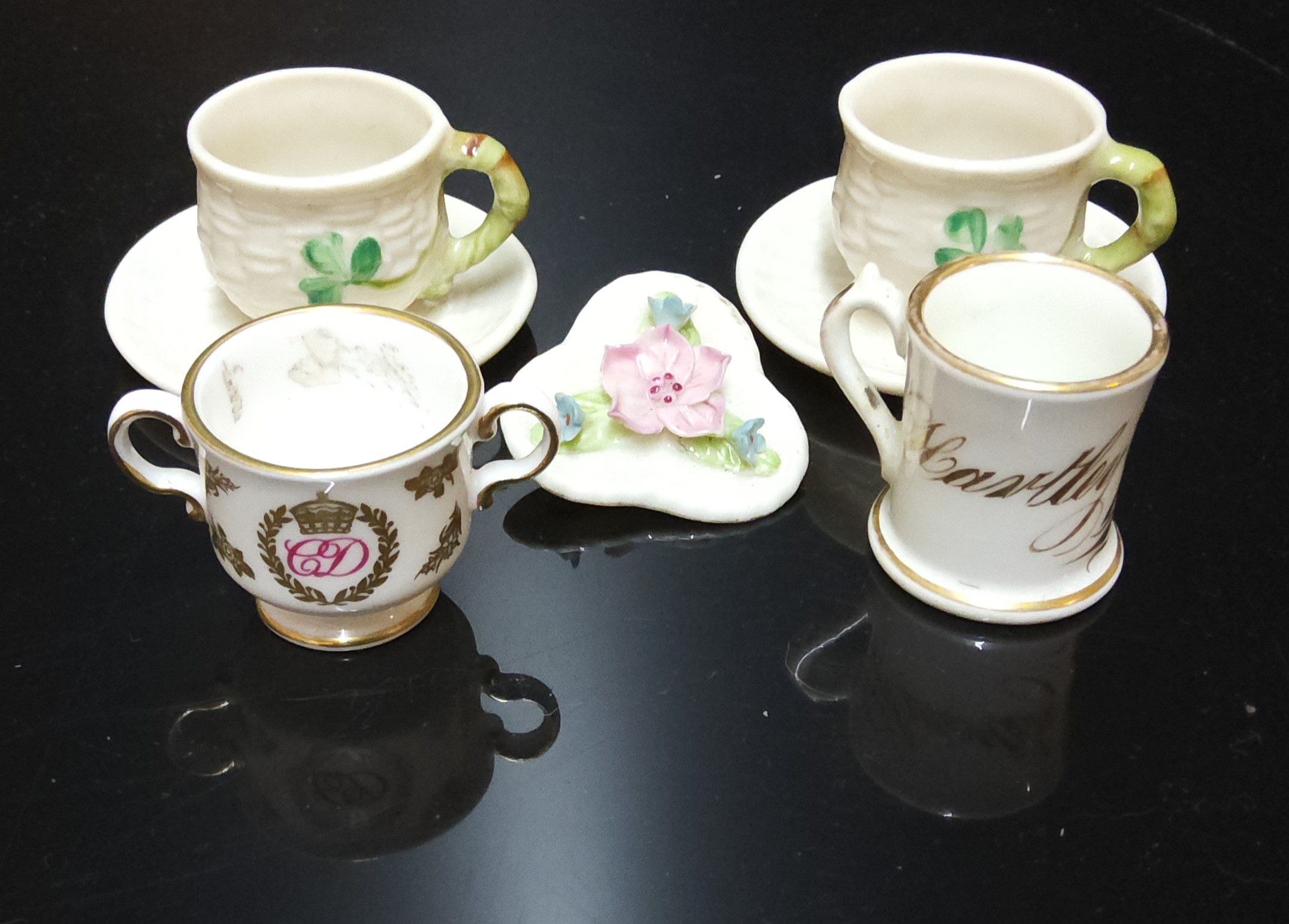 Dolls Accessories - a pair of Belleek miniature doll's house Shamrock pattern teacups and