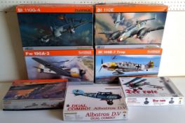 Seven boxed Eduard German aircraft model kits; #8203 BF 110E, #8264 Bf109E-7, #8206 BF110G-4, #82144
