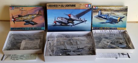 Three Boxed Tamiya Aircraft Kits, 123 1/48 scale Lockheed P-38J Lightning, 42 1/48 scale North