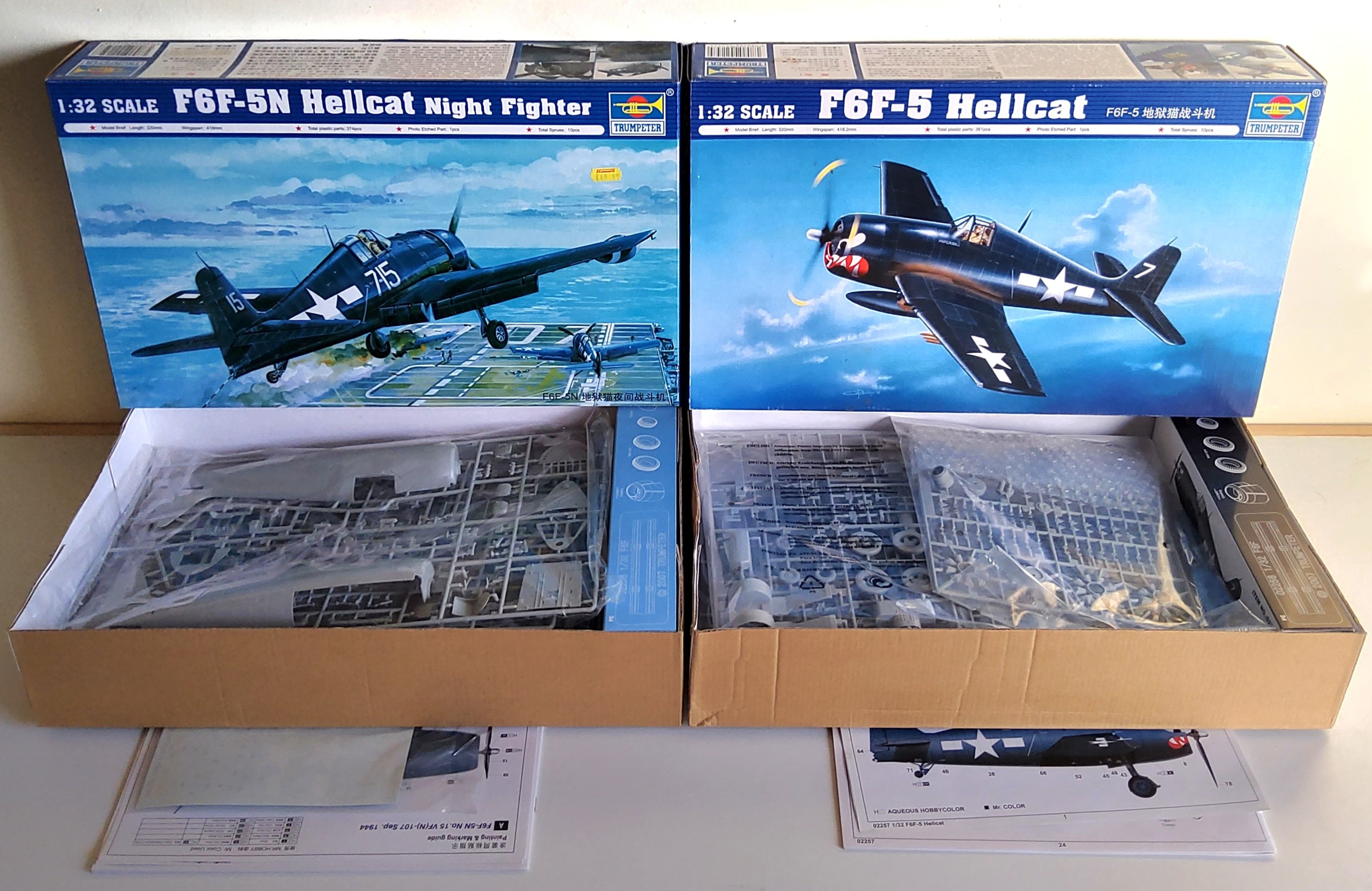 A Boxed Trumpeter 02259 1/32 scale F6F-5N Hellcat Night Fighter Aircraft Kit; a 02257 1/32 F6F-5