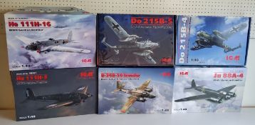 Six ICM boxed LKuftwaffe aircraft model kits; #48263 HE 111H-16, #48241 Do 215B-4, #48242 Do 215B-5,