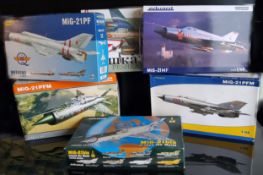 Six Eduard aircraft model kits; #11112 "Peshka", #84124 Mig-21PFM, #8237 MiG-21PFM, #11135 MiG-