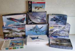 Ten boxed aircraft model kits; Fujima S-1 F-14A Tomcat, #k48096 Kinetic Gold F-104A/C, Suoer WIng