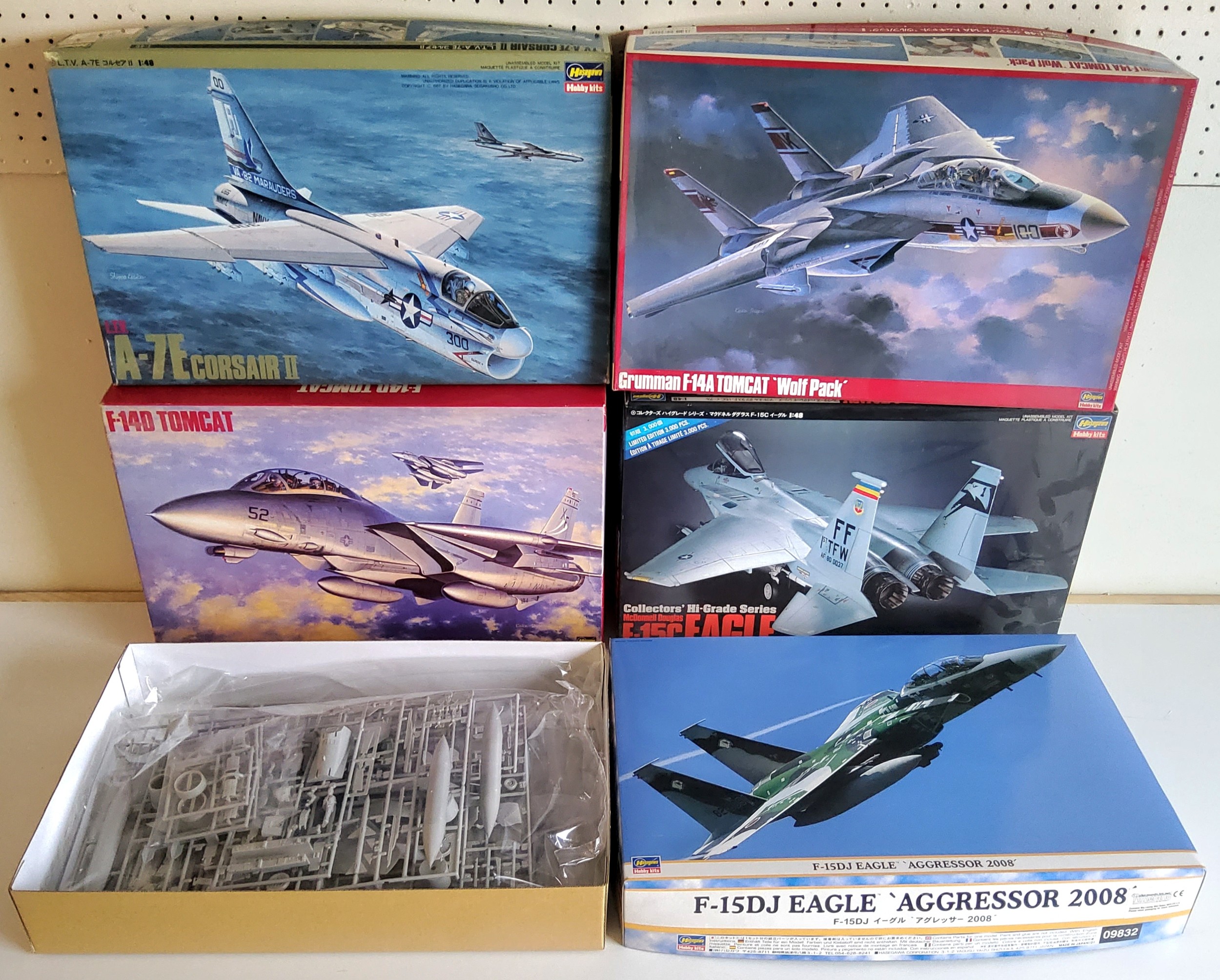 Five boxed Hasegawa 1/48 scale aircraft kits; 09832 F-15DJ, 3800 F-15c Eagle, 07020 Grumman F-14A - Image 2 of 2