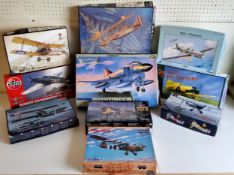 Ten boxed aircraft model kits; Roden Sopwith Strutter, #KLH 8924 Miles Magister, #48002 Fairey