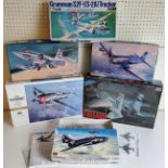 Six boxed Hasegawa aircraft model kits; 3800 F-15c Eagle, 08077 P-47D Thunderbolt, K1 Tracker, 09075
