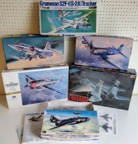 Six boxed Hasegawa aircraft model kits; 3800 F-15c Eagle, 08077 P-47D Thunderbolt, K1 Tracker, 09075