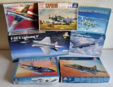 A boxed Italeri no2506 1/32 scale F-35A Lightning II, no 2632 1/48 Henschel HS-123 A-1, no2786 F-