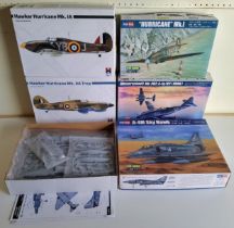 Three Hobby Boss and two Hobby 2000 aircraft model kits, #48026 Hawker Huricane, #80374