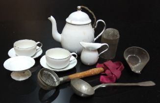 Dolls Accessories - Victorian kitchen utensils - enamelled teapot, two teacups and saucers, sifter