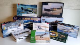 Ten boxed aircraft model kits; #01E06 Gloster Meteor F.4, #32012 Fly Hawker Hurricane, #k32001