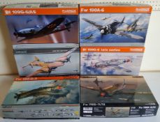 Six boxed Eduard German aircraft model kits; #8184 Fw 190 D-9, #8185 Fw 190D 11/13, # 821488 Fw