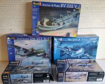 Five boxed Revell aircraft model kits; #04666 Heinkel He 219 A-7, #04383 Blohm and Voss, #04557