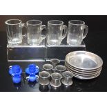 Dolls Accessories - five clear glass beer steins;  Victorian blue glass tea for two, comprising